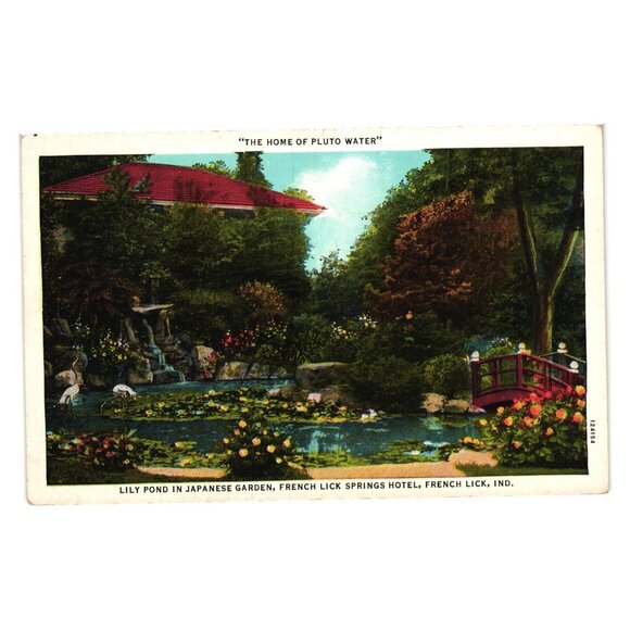 Lily Pond Japanese Garden Postcard French Lick Springs Hotel IN Vintage Pluto - Picture 1 of 2